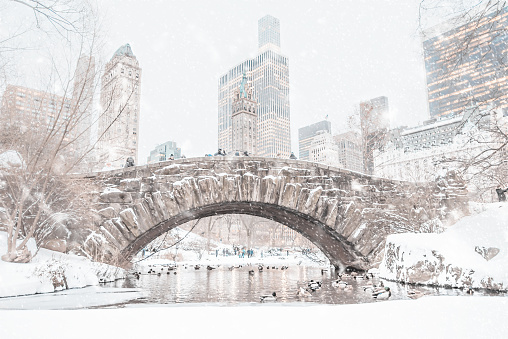 Central Park snow covered Gapstow Bridge in the winter with the NYC cityscape peaking in the background