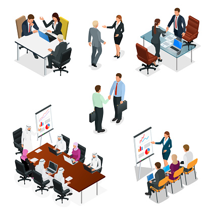 Isometric business people talking conference meeting room. Team work process. Business management teamwork meeting and brainstorming. Vector illustration