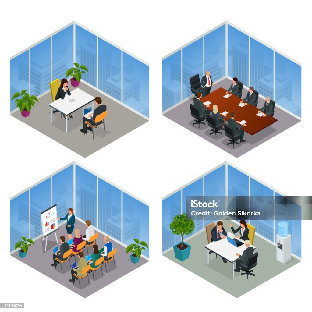 Isometric business people talking conference meeting room. Team work process. Business management teamwork meeting and brainstorming. Vector illustration. Isometric business people talking conference meeting room. Team work process. Business management teamwork meeting and brainstorming. Vector illustration Isometric Projection stock vector