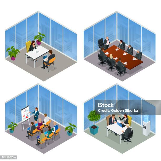 Isometric Business People Talking Conference Meeting Room Team Work Process Business Management Teamwork Meeting And Brainstorming Vector Illustration Stock Illustration - Download Image Now