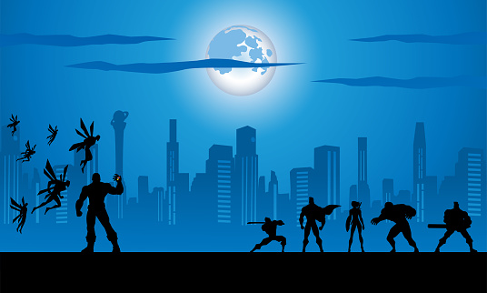 A silhouette style illustration of a team of superheroes fighting an army of monster with city skyline in the background.