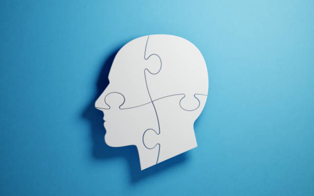 istock Puzzle Concept - White Jigsaw Puzzle Pieces Forming A Human Head Shape On Blue Background 941187416