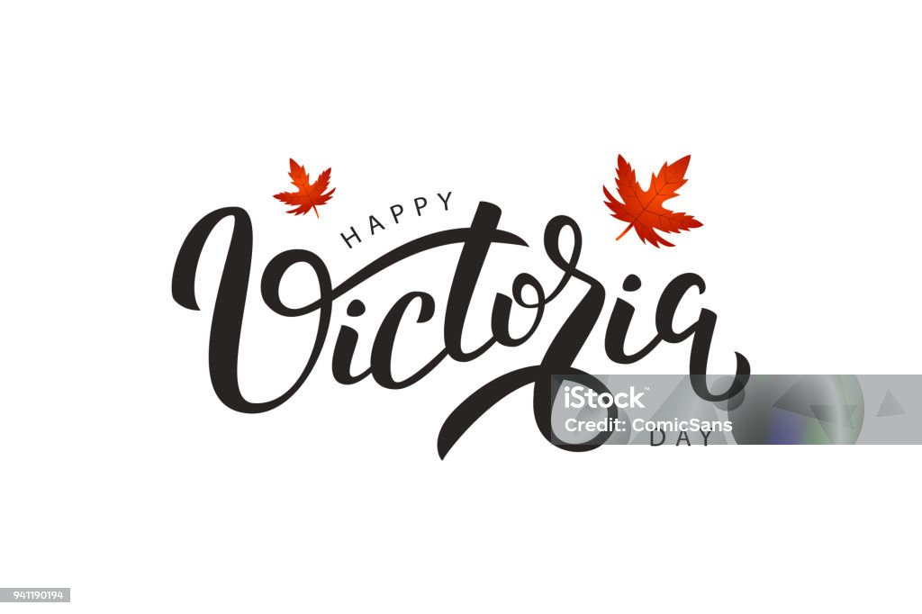 Vector isolated handwritten lettering for Victoria Day with realistic red maple leaves. Vector typography for greeting card, decoration and covering. Concept of Happy Victoria Day in Canada. Victoria - Canada stock vector