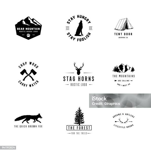 Rustic Logos Stock Illustration - Download Image Now - Logo, Mountain, Deer