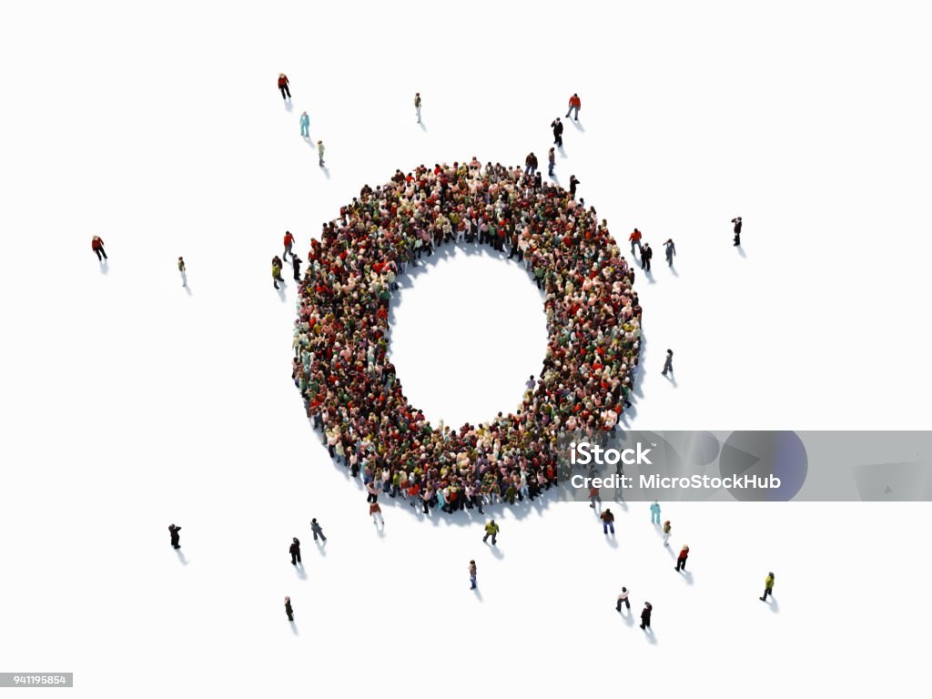 Human Crowd Forming Number Zero Human crowd forming a big number zero on white background. Horizontal  composition with copy space. Clipping path is included. Success concept. Zero Stock Photo