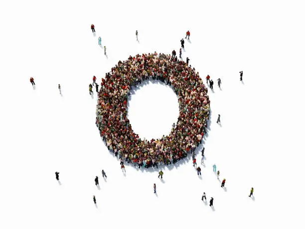 Human crowd forming a big number zero on white background. Horizontal  composition with copy space. Clipping path is included. Success concept.