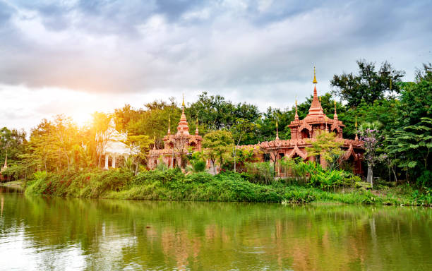 China Xishuangbanna scenery Beautiful Lancang River and Buddhist architecture, Xishuangbanna, China. xishuangbanna stock pictures, royalty-free photos & images