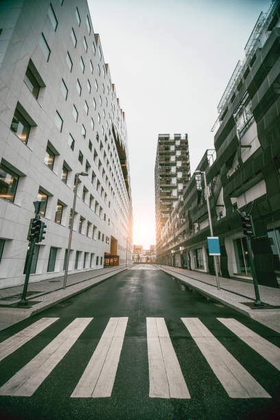 empty urban street with skyscraper at sunrise - window sun sunlight vertical imagens e fotografias de stock