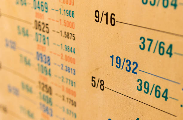 Fractional to decimal measurement size conversion chart yellowed from age covered in dust