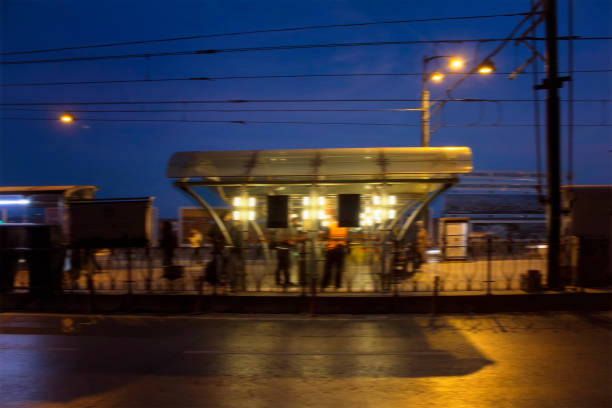 Blurry motion image of tram station in Istanbul.