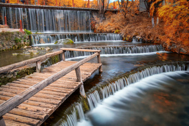 istock wooden terrace bridge in flowing waterfall 941220928