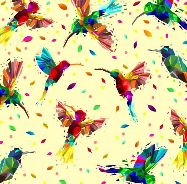 Vector illustration of Pattern of low poly colorful hummingbird with falling leaves back ground,animal geometric,Abstract vector