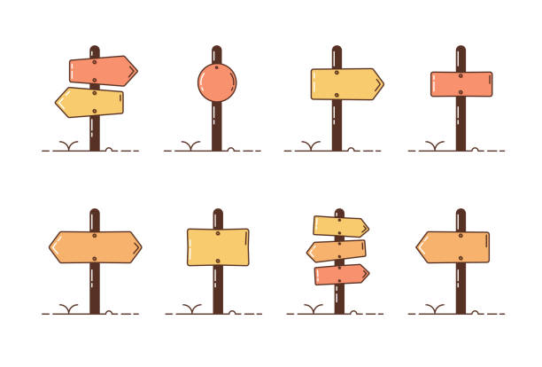 illustrations, cliparts, dessins animés et icônes de collection ensemble de postes de direction en bois. icônes vectorielles illustration avec roadpost différents styles. - indication de direction