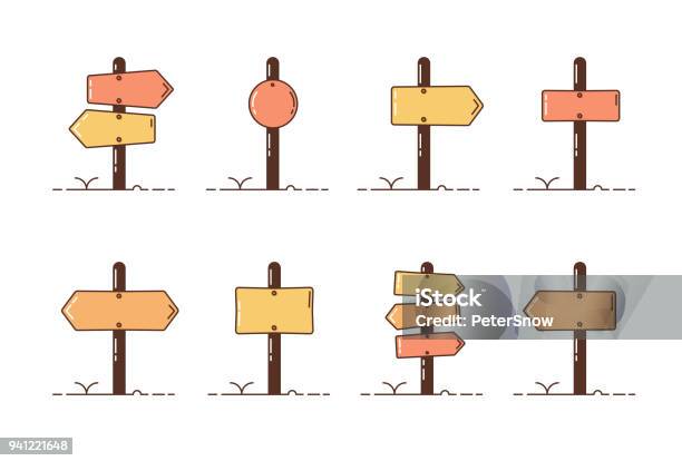 Collection Set Of Wooden Direction Posts Vector Illustration Icons With Different Roadpost Styles Stock Illustration - Download Image Now