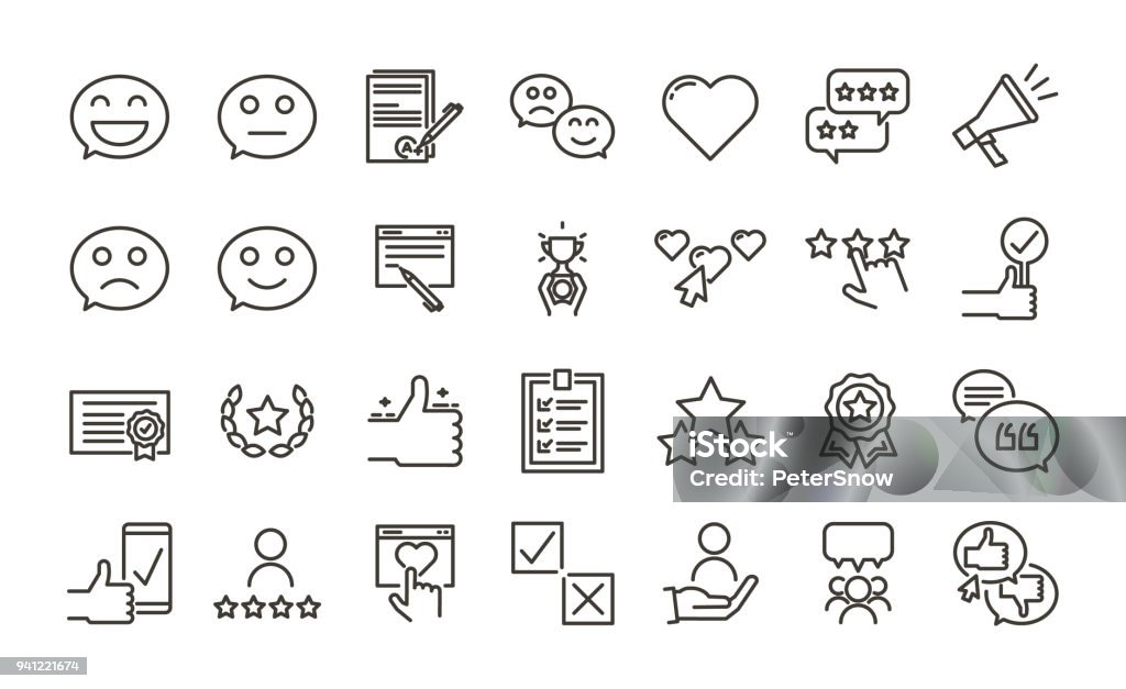 Feedback, Zeugnis Bewertung und Überprüfung-Icon-Set. Kundenzufriedenheit Onlineumfrage Konzepte. Dünne Linie Trendiges Design Vektorgrafik. - Lizenzfrei Icon Vektorgrafik