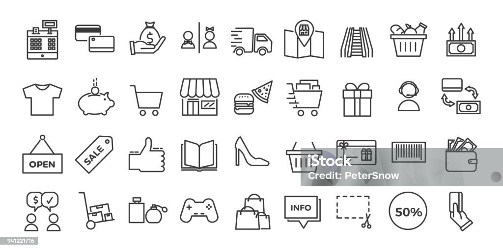 Symbole im Zusammenhang mit Handel, Geschäfte, Einkaufszentren, Einzelhandel. Vektor-Illustration dünne Linie Designset - Lizenzfrei Icon Vektorgrafik