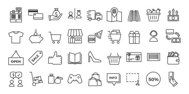 ikony związane z handlem, sklepami, centrami handlowymi, sklepami detalicznymi. wektor ilustracja cienka linia projekt zestaw - coin box stock illustrations