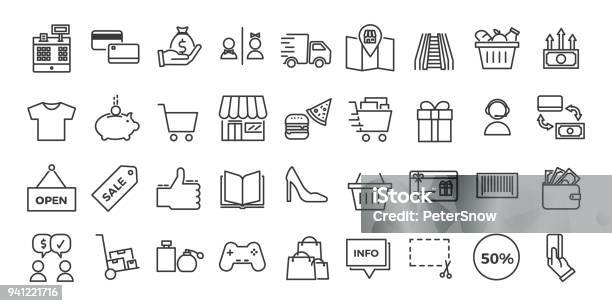 Icons Related With Commerce Shops Shopping Malls Retail Vector Illustration Thin Line Design Set Stock Illustration - Download Image Now