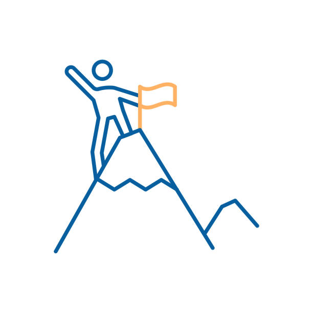 Character reaching top of the mountain and sticking a flag. Thin line icon trendy design vector eps10 climbing up a hill stock illustrations