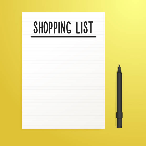 shopping list leerseite mit schwarzer feder und gelbem hintergrund. vektor-illustration-vorlage mit textfreiraum - einkaufszettel stock-grafiken, -clipart, -cartoons und -symbole