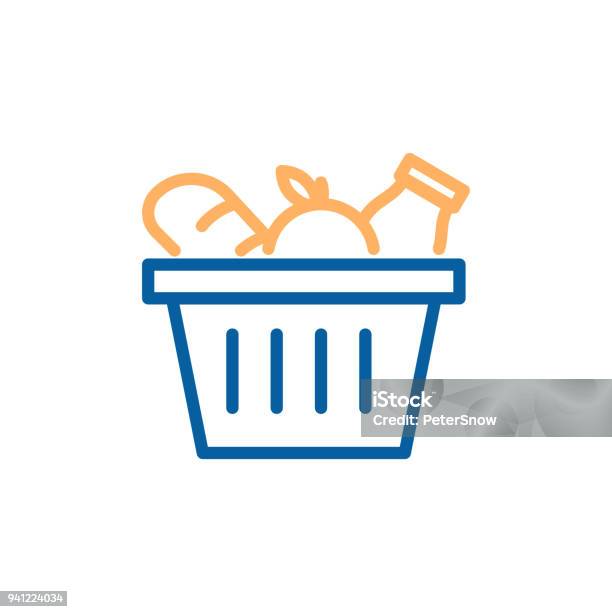 Grocery Basket With Bread Apple And Milk Vector Trendy Thin Line Icon Illustration Design For Food Groceries Market Shopping Stock Illustration - Download Image Now