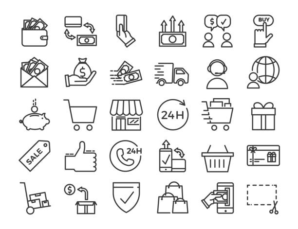 ilustrações de stock, clip art, desenhos animados e ícones de online business, ecommerce, shop, market thin line icons. vector design illustration set with signs and symbols related with sales and commerce online. - vendedor