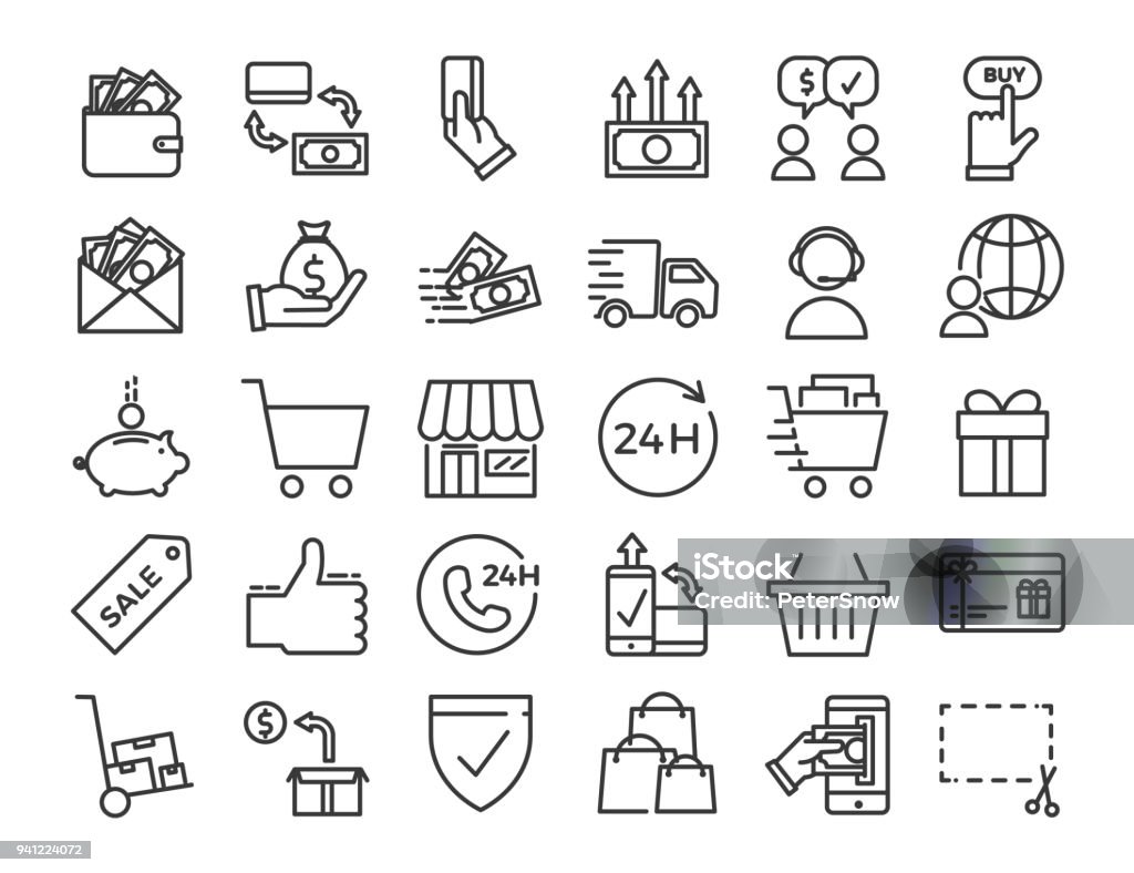 Online business, ecommerce, shop, market thin line icons. Vector Design illustration set with signs and symbols related with sales and commerce online. vector eps10 Icon Symbol stock vector