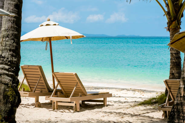 istock comfortable chair on the beach, modern umbrella, clear sky and sea, copy space. 941229254
