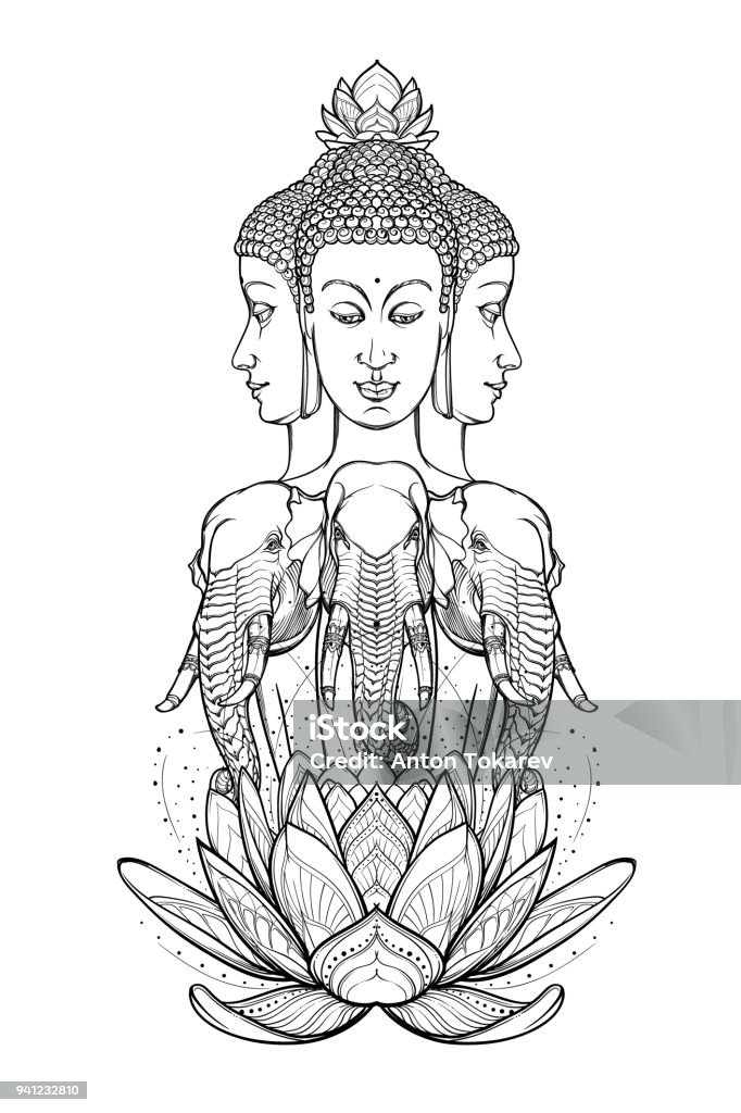 Statue representing Trimurti - trinity of Hindu gods Brahma, Vishnu and Shiva, sitting on three elephants. Intricate hand drawing isolated on white background. Statue representing Trimurti - trinity of Hindu gods Brahma, Vishnu and Shiva, sitting on three elephants. Intricate hand drawing isolated on white background. Tattoo design. EPS10 vector illustration Brahma stock vector