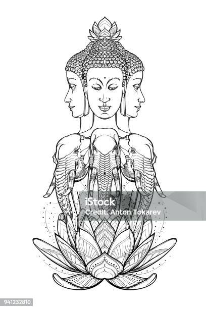 Statue Representing Trimurti Trinity Of Hindu Gods Brahma Vishnu And Shiva Sitting On Three Elephants Intricate Hand Drawing Isolated On White Background Stock Illustration - Download Image Now