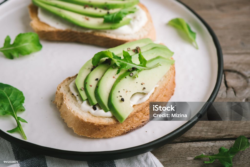 Avocado sandwich Avocado sandwich - sliced avocado on toasted bread for healthy breakfast or snack. Appetizer Stock Photo