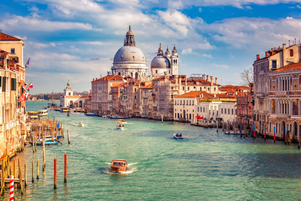 Venice at sunny evening Grand Canal and Basilica Santa Maria della Salute in Venice venice italy photos stock pictures, royalty-free photos & images