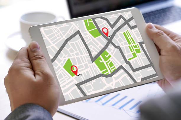 istock GPS Map to Route Destination network connection Location Street Map with GPS Icons  Navigation 941237728