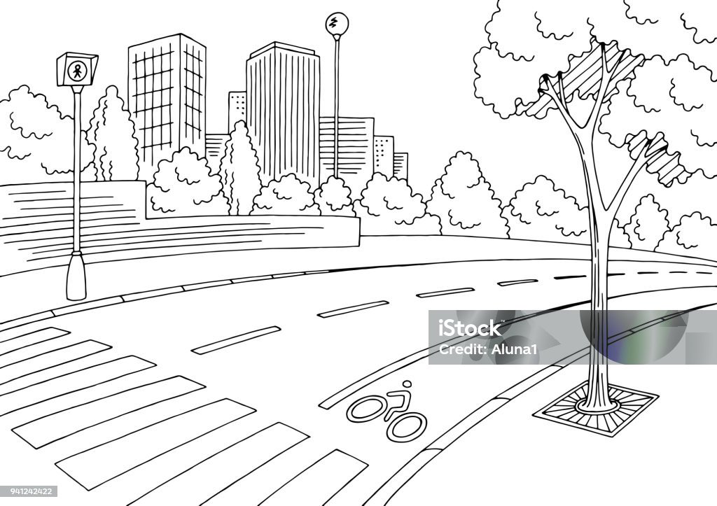 Street road graphic black white city landscape sketch illustration vector Bicycle Lane stock vector