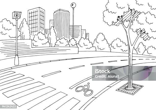 Street Road Graphic Black White City Landscape Sketch Illustration Vector Stock Illustration - Download Image Now