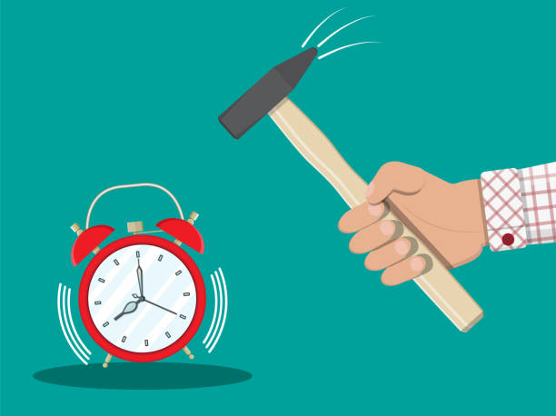 Hand with hammer trying to break alarm clock. Hand with hammer trying to break alarm clock. Time management issues. Vector illustration in flat style smash alarm clock stock illustrations