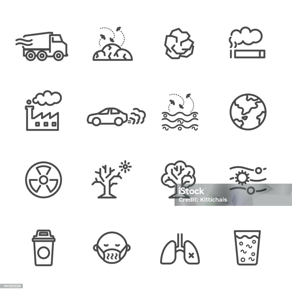 La pollution icon set, Vector illustration des icônes de la mince ligne for Pollution contient des icônes comme la terre, usine, air, fumée, déchets, ordures, trafic et autre - clipart vectoriel de Icône libre de droits