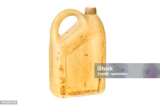 Old Plastic Jerrycan Or Gasoline Canister Fuel Can Isolated On White Background Stock Photo - Download Image Now