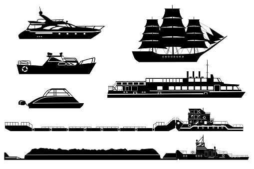 Set of isolated industrial tugs and passenger boats and yachts. Black and white vector illustration. Water and river transport silhouettes