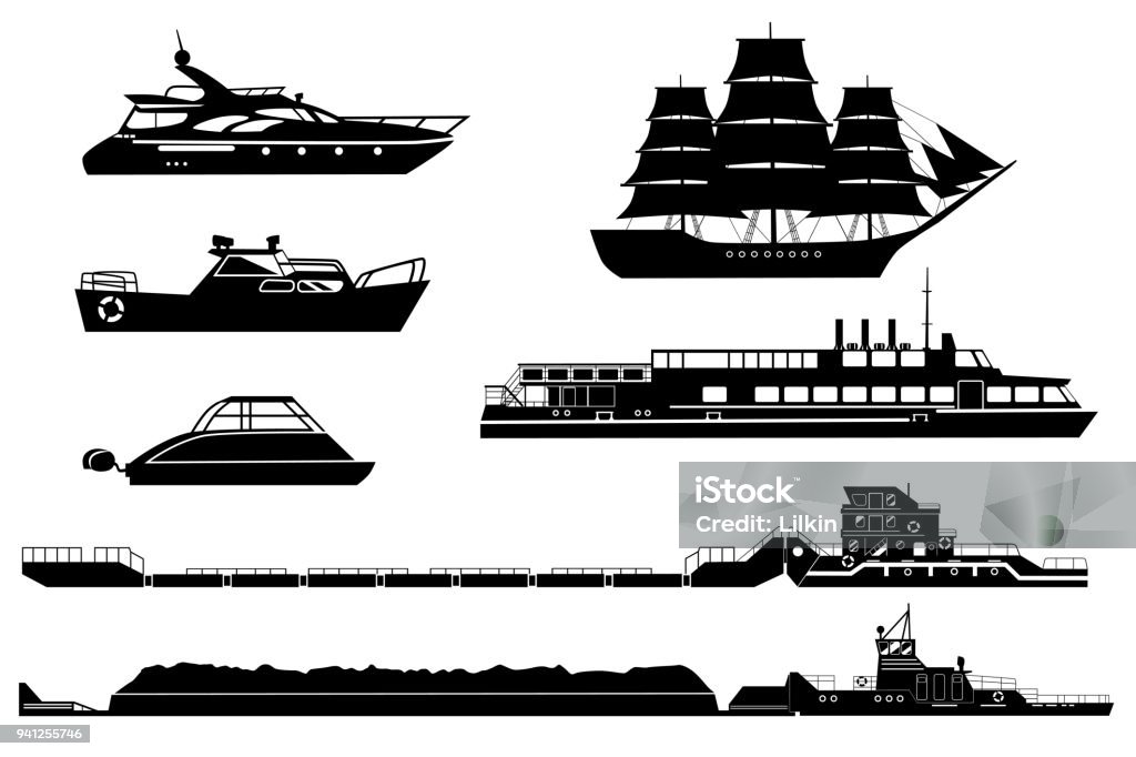 Silhouettes of ships and boats in vector Set of isolated industrial tugs and passenger boats and yachts. Black and white vector illustration. Water and river transport silhouettes Barge stock vector