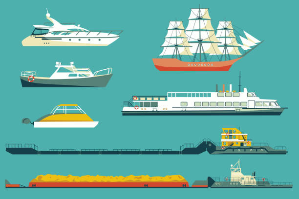 Vector ships and boats icons Set of isolated industrial tugs and passenger boats and yachts icons. Flat colored vector illustration barge stock illustrations