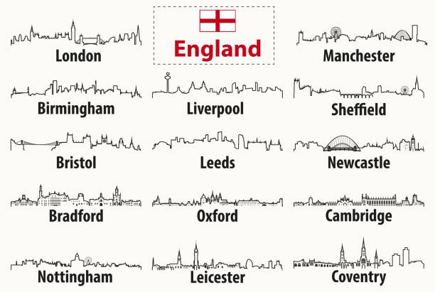 ilustraciones, imágenes clip art, dibujos animados e iconos de stock de esquema de vector siluetas de skylines de las ciudades de inglaterra - bradford england