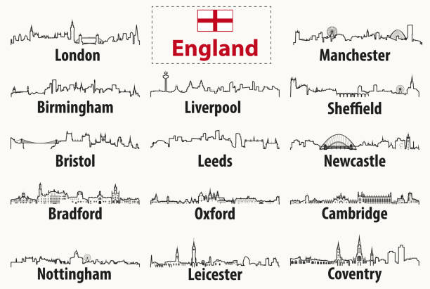 illustrazioni stock, clip art, cartoni animati e icone di tendenza di silhouette vettoriali di skyline delle città inglesi - bradford england