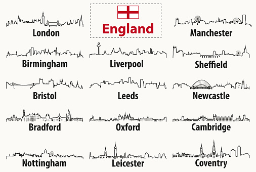 vector outline silhouettes of England cities skylines