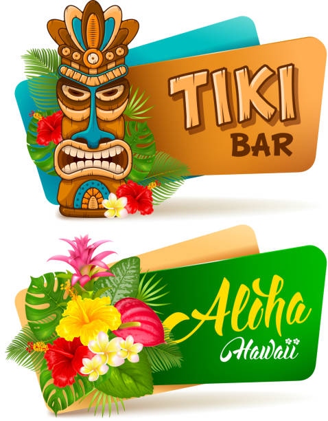 Aloha Tiki bar banners set Hot and exotic tropics. Banners set with tiki mask and tropical plants and flowers. Vector illustration. Isolated on white background. apocynaceae stock illustrations