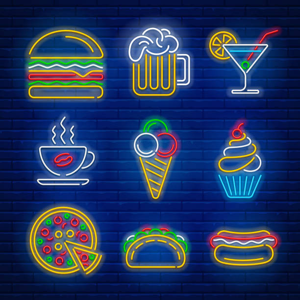 Fast food and drink neon signs Fast food and drink neon signs set. Bright sign boards on brick wall background. Vector illustration. neon sign ice cream stock illustrations