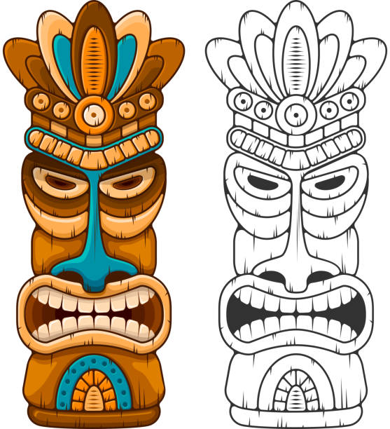 Wooden Tiki mask Tiki tribal wooden mask. Hawaiian traditional elements. Colored and black and white silhouette. Isolated on white background. Vector illustration. tiki mask stock illustrations