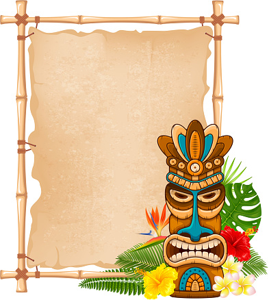 Tiki tribal wooden mask, tropical exotic plants and bamboo signboard. Hawaiian traditional elements. Isolated on white background. Vector illustration.