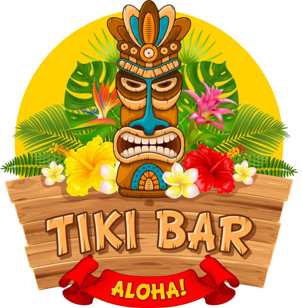 Wooden Tiki mask and signboard of bar Tiki tribal wooden mask, tropical exotic plants and signboard of bar. Hawaiian traditional elements. Isolated on white background. Vector illustration. tiki stock illustrations