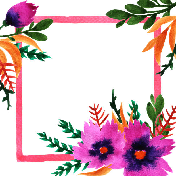 istock Watercolor violet flowers frame. Hand painted floral card template 941260520